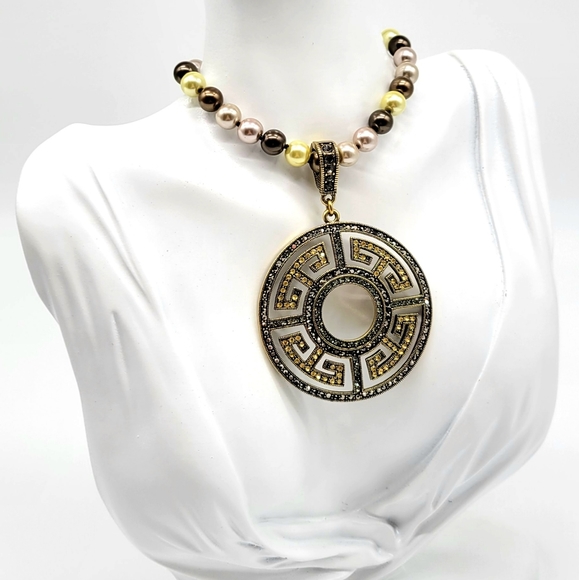 Heidi Daus Greek Key Medallion Enhancer Pendant on Multicolor Pearl Necklace - Picture 7 of 12